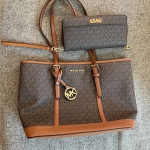 Michael Kors Brown Tote with Monogram Print and Leather Trim